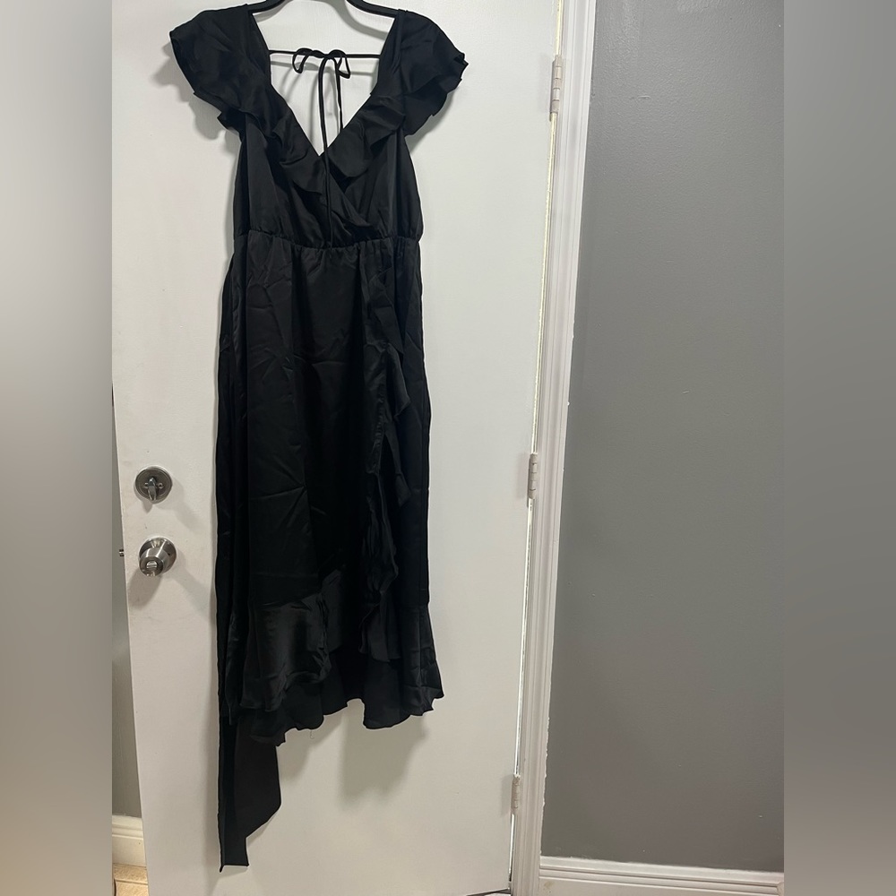 Black satin, Samantha Ruffle wrap dress